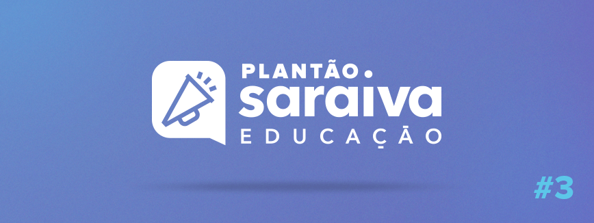 Banner com o ícone de um alto-falante à esquerda da escrita: Plantão Saraiva Educação #3